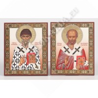 Складень деревянный, двухстворчатый,двойное тиснение (Николай Чудотворец-Спиридон Тримифунтский)